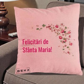 Cadou de Onomastica - Perna Personalizata Felicitari de Sfanta Maria, 40x40 cm, Roz, Husa Detasabila, Perna Inclusa, BEKZ®