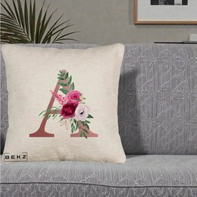 Cadou Personalizat - Perna Personalizata Monograma Rose Gold Litera A, 40x40 cm, Bej Canapea, Husa Detasabila, Perna Inclusa, BEKZ®