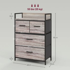 HOMCOM Mobilier de depozitare stil industrial comodă 4 sertare din material textil pliabile și detașabile și 1 raft 60 x 29 x 85 cm gri | Aosom Romania