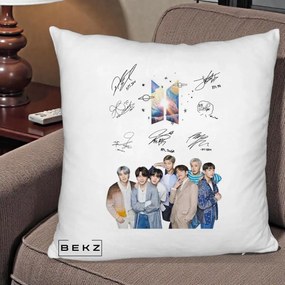 Perna Personalizata K-pop BTS Autografe Toti Membrii Fotografie, 40x40 cm, Alb Pufos, Husa Detasabila, Perna Inclusa, BEKZ®