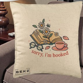 Perna Personalizata Sorry I'm Booked Carti Flori, 40x40 cm, Bej, Husa Detasabila, Perna Inclusa, BEKZ®