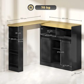HOMCOM Masă de bar extensibilă, transformabilă în formă în L, mult spațiu de depozitare, 3 rafturi reglabile, PAL, MDF, Negru | Aosom Romania