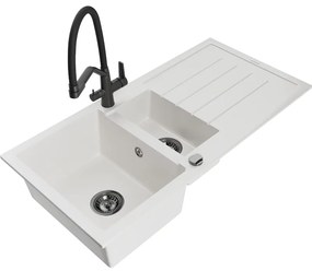 Mexen Andres chiuvetă granit 1,5 camere cu scurgător și baterie de bucătărie Duo, alb - 6515-20-671701-70-B