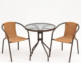 Set balcon grădină, polyrattan, 2 scaune + masă din sticlă