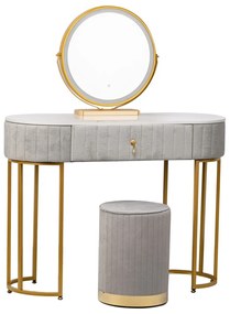 Set Bohemia Long, Masă de toaletă pentru machiaj cu oglindă iluminată LED, control touch, sertar, taburet, 100x40x75 cm, Gri