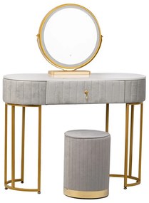 Set BOHEMIA LONG – Masă de Toaletă pentru Machiaj, Oglindă Iluminată LED, Control Touch, Sertar, Taburet, 100x40x75 cm, Gri