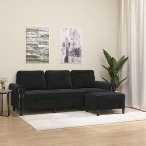 Canapea cu 3 locuri si taburet, negru, 180 cm, catifea Negru, 212 x 77 x 80 cm