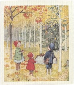 Lavetă artizanală din bumbac cu ilustrație de toamnă de Elsa Beskow, alb, 17×20 cm, „Autumn Walk"
