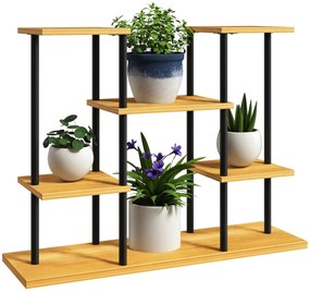 Outsunny Suport plante interior etajeră plantă cu 6 nivele cadru din oțel bază lemn masiv 80 x 24 x 61,5 cm lemn natural | Aosom Romania
