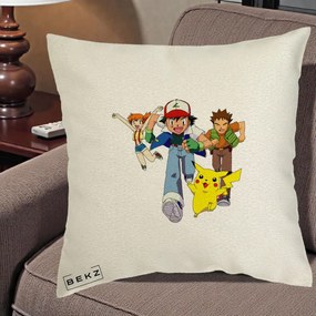 Perna Personalizata Pokemon Ash Misty Brock si Pikachu, 40x40 cm, Ecru, Husa Detasabila, Perna Inclusa, BEKZ®