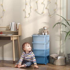 HOMCOM Cutii de depozitare pentru copii, 4 sertare, margini rotunjite, design ridicat, plastic, albastru | Aosom Romania