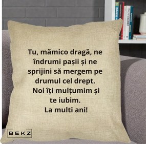 Cadou pentru Mama - Perna Personalizata Mamico Draga Te Iubim La Multi Ani cu Text Negru, 40x40 cm, Crem, Husa Detasabila, Perna Inclusa, BEKZ®