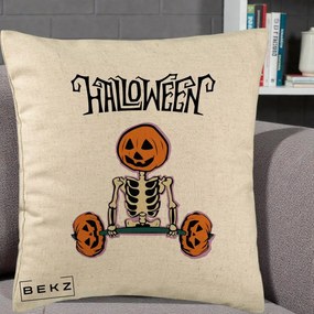 Perna Decorativa Halloween Schelet cu Cap de Dovleac Powerlifting, 40x40 cm, Bej, Husa Detasabila, Perna Inclusa, BEKZ®