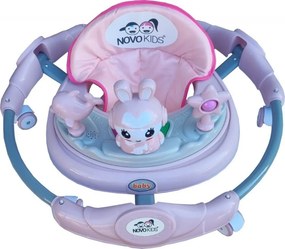 Premergator reglabil in 6 trepte de inaltime NOVOKIDS™ Happy Bunny, Cu melodii si lumini, Pliabil, Max 20 kg, Roti silentioase, Model Iepuras, Roz
