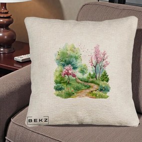 Perna Decorativa Gradina Primavara Acuarela, 40x40 cm, Bej Canapea, Husa Detasabila, Perna Inclusa, BEKZ®