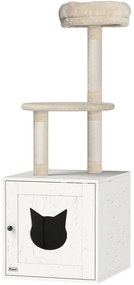 PawHut Cătănel cu casă de toaletă, turn de joacă 2-în-1 de 129 cm cu ascundere litieră, stâlpi pentru zgâriat, crem | Aosom Romania