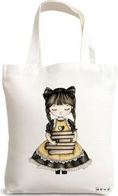 Sacosa de Panza pentru Cumparaturi, Geanta Tote, model The bookie girl 10 38 x 34.5 cm, Alba, BEKZ®