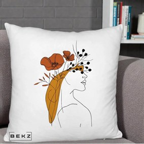 Perna Decorativa Portret Feminin Maci Rosii Auriu, 40x40 cm, Alb Pufos, Husa Detasabila, Perna Inclusa, BEKZ®