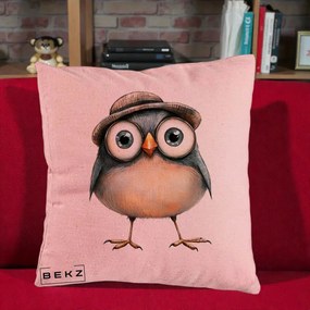 Perna Decorativa Pui cu Palarie Rotunda, 40x40 cm, Roz, Husa Detasabila, Perna Inclusa, BEKZ®