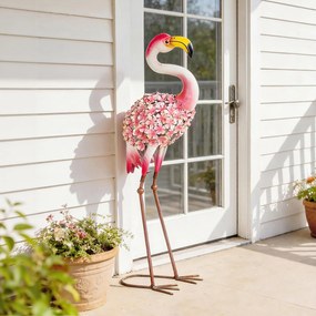 Outsunny Statuie de Grădină Flamingo, Sculptură de Pasăre din Metal cu Pene Florale, 28 x 19 x 83 cm, Roșu | Aosom Romania