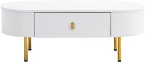Masă de cafea cu 2 sertare, colțuri rotunjite, mânere și picioare aurii, 108x50x40 cm, Alb