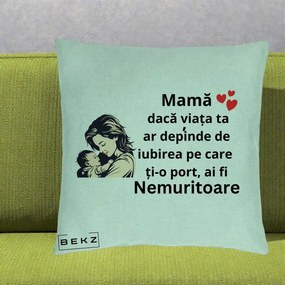Cadou pentru Mama - Perna Personalizata Mama Nemuritoare Aproape de Bebe, 40x40 cm, Verde Menta, Husa Detasabila, Perna Inclusa, BEKZ®