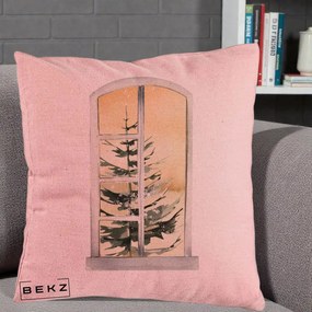 Perna Decorativa Fereastra cu Brad de Iarna, 40x40 cm, Roz, Husa Detasabila, Perna Inclusa, BEKZ®