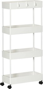 HOMCOM Cărucior Bucătărie Multifuncțional cu 4 Polițe și 3 Cârlige, Oțel și Plastic, 40x19x90 cm, Alb | Aosom Romania