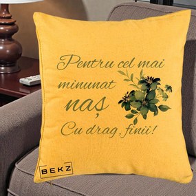Cadou pentru Nas - Perna Personalizata Pentru Cel mai Minunat Nas Cu drag Finii, 40x40 cm, Galben, Husa Detasabila, Perna Inclusa, BEKZ®