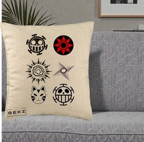 Perna Personalizata Simboluri Anime Mix - Naruto One Piece, 40x40 cm, Bej, Husa Detasabila, Perna Inclusa, BEKZ®