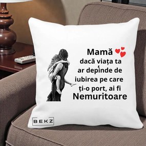 Cadou pentru Mama - Perna Personalizata Mama Nemuritoare Gravura Vintage, 40x40 cm, Alba Mata, Husa Detasabila, Perna Inclusa, BEKZ®