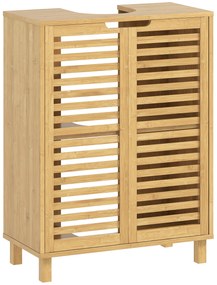 HOMCOM Dulap Sub Lavoar din Bambus cu 2 Uși cu Lamele, Poliță Reglabilă pentru Lavoare cu sau fără Stativ, Natural | Aosom Romania