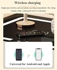 Noptieră inteligentă multifuncțională, sertar tip seif cu blocare cu parolă, încărcare Wireless, iluminare LED touch în 3 culori, Gri