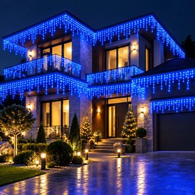 Instalație de Crăciun, franjuri cu 8 jocuri de lumini, fir gros, exterior, 35 metri, albastru
