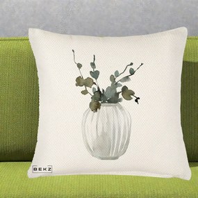 Perna Decorativa Vaza cu Eucalipt Watercolor, 40x40 cm, Crem Reliefat, Husa Detasabila, Perna Inclusa, BEKZ®