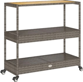 vidaXL Cărucior de bar, 3 niveluri, gri, poliratan, lemn masiv acacia