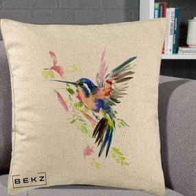 Perna Decorativa Colibri Acuarela, 40x40 cm, Bej, Husa Detasabila, Perna Inclusa, BEKZ®