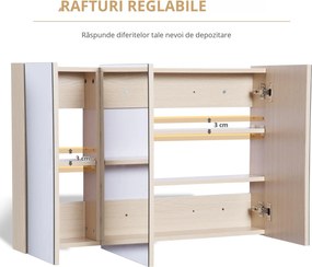 Kleankin Dulăpior de Perete pentru Baie, Mobilă cu 3 Uși cu Oglindă, 90x60x13,5 cm, Lemn | Aosom Romania