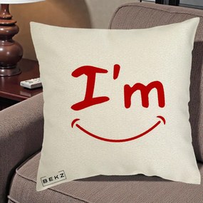 Perna Decorativa I'm Happy Smile, 40x40 cm, Ecru, Husa Detasabila, Perna Inclusa, BEKZ®
