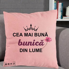 Cadou pentru Bunica - Perna Personalizata Cea Mai Buna Bunica Din Lume Coroana Mov Floare Roz, 40x40 cm, Roz, Husa Detasabila, Perna Inclusa, BEKZ®