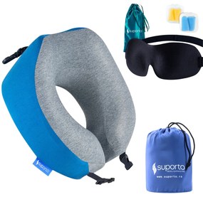 Set Perna de calatorie Suporto Travel Companion. Perna voiaj din spuma cu memorie, Albastra + Masca de dormit Suporto 3D cu saculet Verde Smarald,