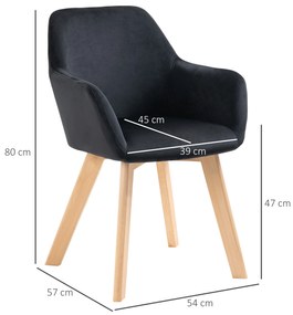 HOMCOM Scaune de Masă, Set de 2, Design Modern, Design de Catifea, Lemn de Cauțiuc, 54x57x80 cm, Negru | Aosom Romania