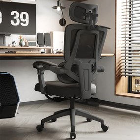 Scaun ergonomic cu suport lombar, tetieră reglabilă 3D, suport pentru picioare, Mesh, Negru