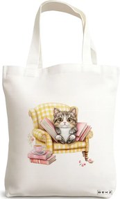 Sacosa de Panza pentru Cumparaturi, Geanta Tote, model Reading cat 7 38 x 34.5 cm, Alba, BEKZ®