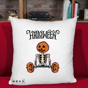 Perna Decorativa Halloween Schelet cu Cap de Dovleac Powerlifting, 40x40 cm, Alb Pufos, Husa Detasabila, Perna Inclusa, BEKZ®