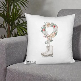 Perna Decorativa Patine cu Coroana Florala de Craciun, 40x40 cm, Alb Pufos, Husa Detasabila, Perna Inclusa, BEKZ®