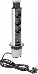 Priză încorporabilă în blat Elevator GTV, 3 prize Schuko, 2 x USB A, aluminiu, D:60 mm Aluminiu/ plastic, Aluminiu, D:60 mm