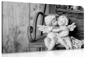 Tablou statuete de îngeri pe bancă în design alb-negru