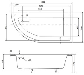 Cada baie asimetrica, acril, 140 x 70 cm, orientare dreapta, Besco Praktika Dreapta, 1400x700 mm