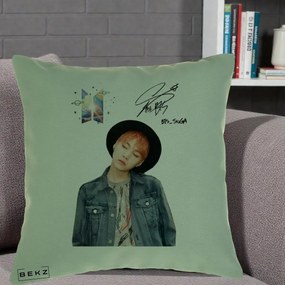 Perna Personalizata K-pop BTS Suga par Portocaliu Palarie Autograf, 40x40 cm, Verde, Husa Detasabila, Perna Inclusa, BEKZ®